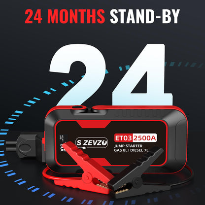 S ZEVZO ET03 Car Jump Starter 2500A Jump Starter Battery Pack for Up to 8.0L Gas and 7.0L Diesel Engines, 74Wh Portable 12V Jump Box with USB Ports, LCD Display, Storage Case, and LED Light