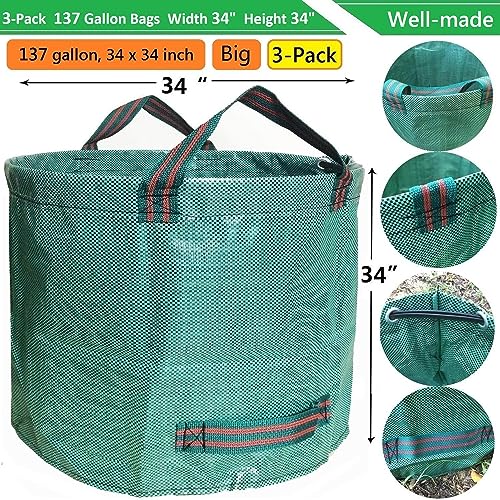 Professional 3-Pack 137 Gallon Lawn Garden Bags (D34, H34 inches) Big Yard Waste Bags with Garden Gloves, Extra Large Reusable Leaf Bags,Garden Clippings Bags,Leaf Containers,Yard Trash Bags 4 Handles