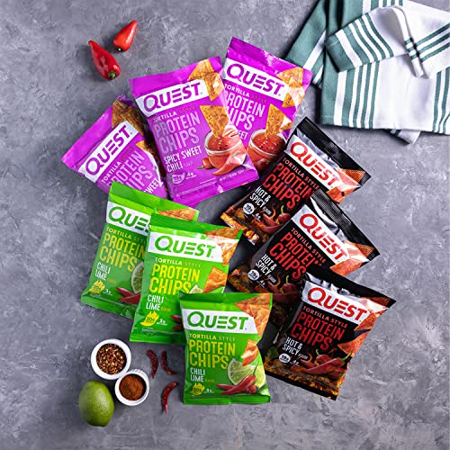 Quest Nutrition Tortilla Style Protein Chips, Spicy Variety Pack, Chili Lime, Hot & Spicy, & Spicy Sweet Chili, 12 Count (3 Each Flavor)