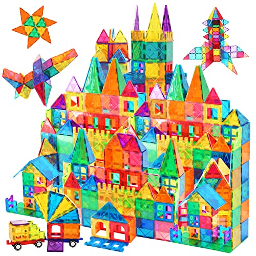 AFUNX 130 PCS Magnetic Tiles Building Blocks 3D Clear Construction Playboards, Inspiration , Creativity Beyond Imagination, Educational Magnet Toy Set for Kids with 2 Cars