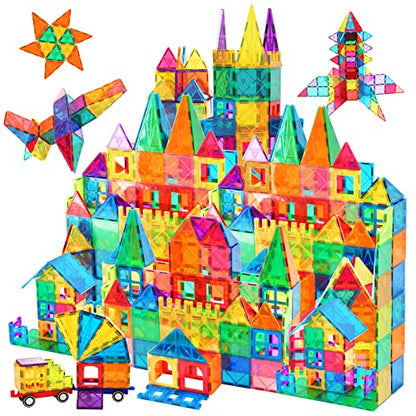 AFUNX 130 PCS Magnetic Tiles Building Blocks 3D Clear Construction Playboards, Inspiration , Creativity Beyond Imagination, Educational Magnet Toy Set for Kids with 2 Cars