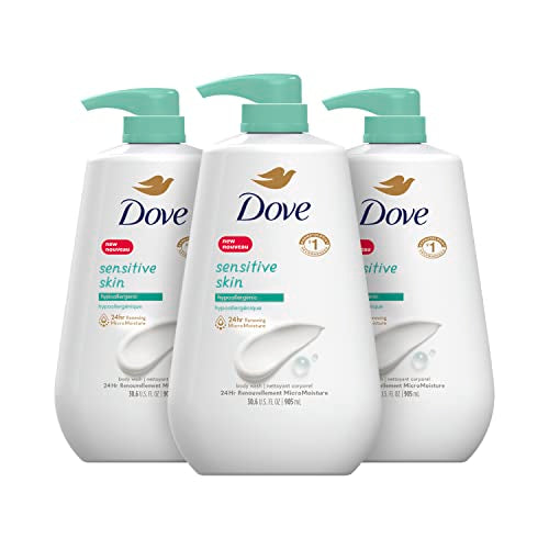 Dove Body Wash with Pump Sensitive Skin Hypoallergenic, Paraben-Free, Sulfate-Free, Cruelty-Free, Moisturizing Skin Cleanser Effectively Washes Away Bacteria While Nourishing Skin, 30.6 Oz (Pack of 3)