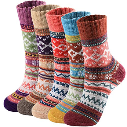 Trifabricy 5 Pairs Wool Socks - Warm Socks For Women Vintage Cozy Socks For Women Thick Knit Winter Socks, Womens Soft Crew Socks