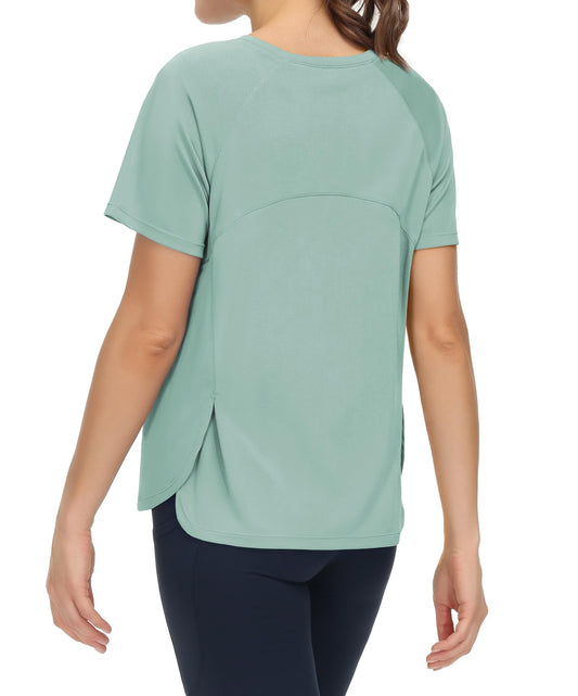 THE GYM PEOPLE Women's Short Sleeve Workout Shirts Breathable Yoga T-Shirts with Side Slits Athletic Tee Tops Light Green