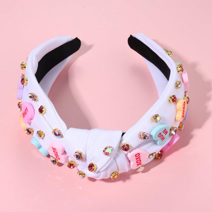 NVENF Valentine’s Day Headband for Women Love Heart Headband Jeweled Crystal Rhinestone Knotted Headband Red Pink Wide Top Knot Headband Valentine’s Day Hair Accessories Gifts (Letter 1 - White)