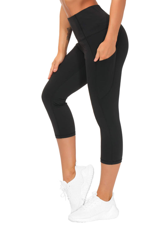 THE GYM PEOPLE Thick High Waist Yoga Capris with Pockets, Tummy Control Workout Running Yoga Leggings for Women (Medium, Z- Capris Black)