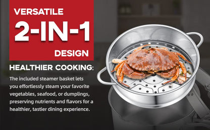 Buttermelt 2.5 Quart Stainless Steel Saucepan with Steamer Basket, Tri-ply Full Body, Multipurpose Sauce Pot with Two-Size Drainage Holes Lid, Perfect For Boiling Gravies, Pasta, Noodles