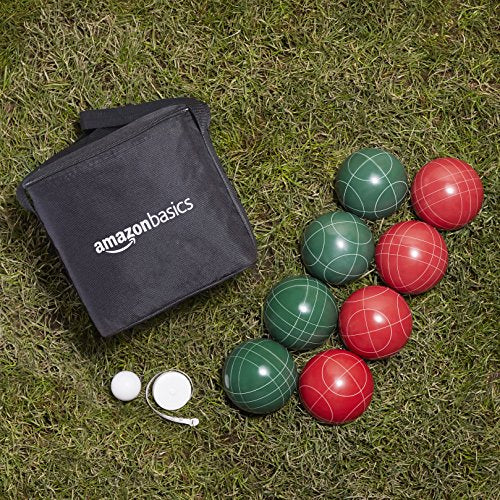 Amazon Basics 100 Millimeter Bocce Ball Outdoor Yard Games Set with Soft Carrying Case, 2 to 8 Players, Green, Red, White