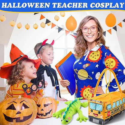 3 Pcs Women Halloween Costume Set Vintage Long Sleeve Dress with School Bus Bag for Role Party (Planet Print Blue,X-Large)