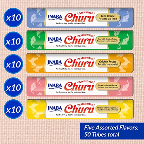 INABA Churu Cat Treats, Grain-Free, Lickable, Squeezable Creamy Purée Cat Treat/Topper with Vitamin E & Taurine, 0.5 Ounces Each Tube, 50 Tubes, Tuna & Chicken Variety