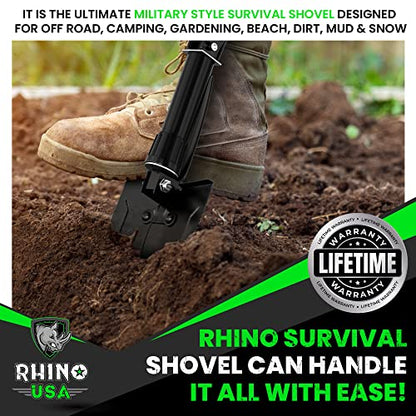 RHINO USA Folding Survival Shovel w/Pick - Heavy Duty Carbon Steel Military Style Entrenching Tool for Off Road, Camping, Gardening, Beach, Digging Dirt, Sand, Mud & Snow.