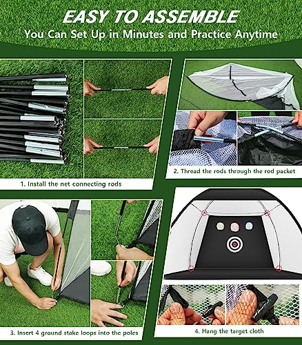 Golf Net, 10x7ft Golf Practice Net with Tri-Turf Golf Mat, All in 1 Home Golf Hitting Aid Nets for Backyard Driving Chipping Swing Training with Target/Mat/Balls/Tee/Bag - Gift for Men/Golf Lovers