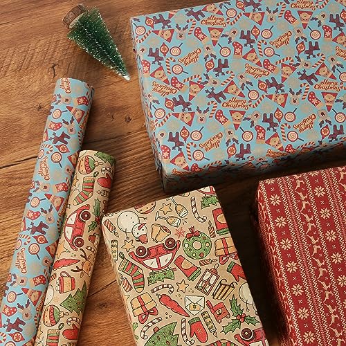 Aimyoo Kraft Christmas Wrapping Paper Jumbo Roll, Santa Claus Christmas Stockings Candy Canes Deer Letters Design, Kids Xmas Gift Wrap Paper 30 inch x 32 ft