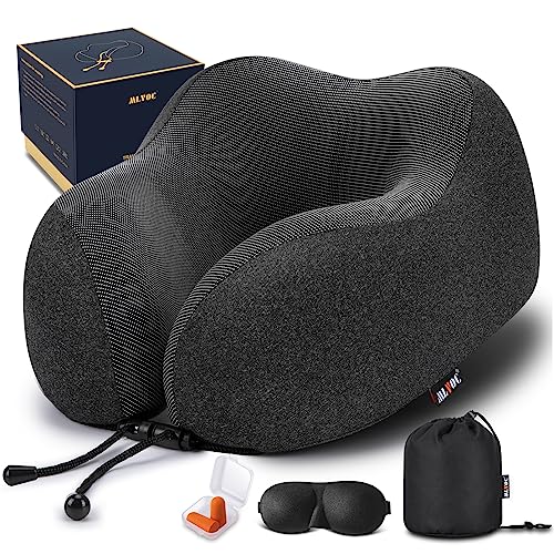 MLVOC Travel Pillow 100% Pure Memory Foam Neck Pillow, Comfortable & Breathable Cover, Machine Washable, Airplane Travel Kit with 3D Contoured Eye Masks, Earplugs, and Luxury Bag, Standard (Black)