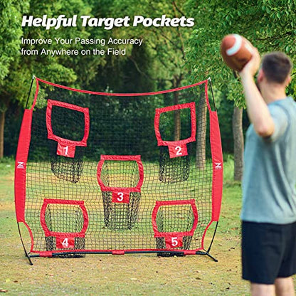 ZELUS Football Throwing Net, 7x7ft Football Training Equipment with 5 Target Pockets for Throwing and Passing Practice, Portable Quarterback Trainer Net, QB Throw Accuracy Net with Carry Bag