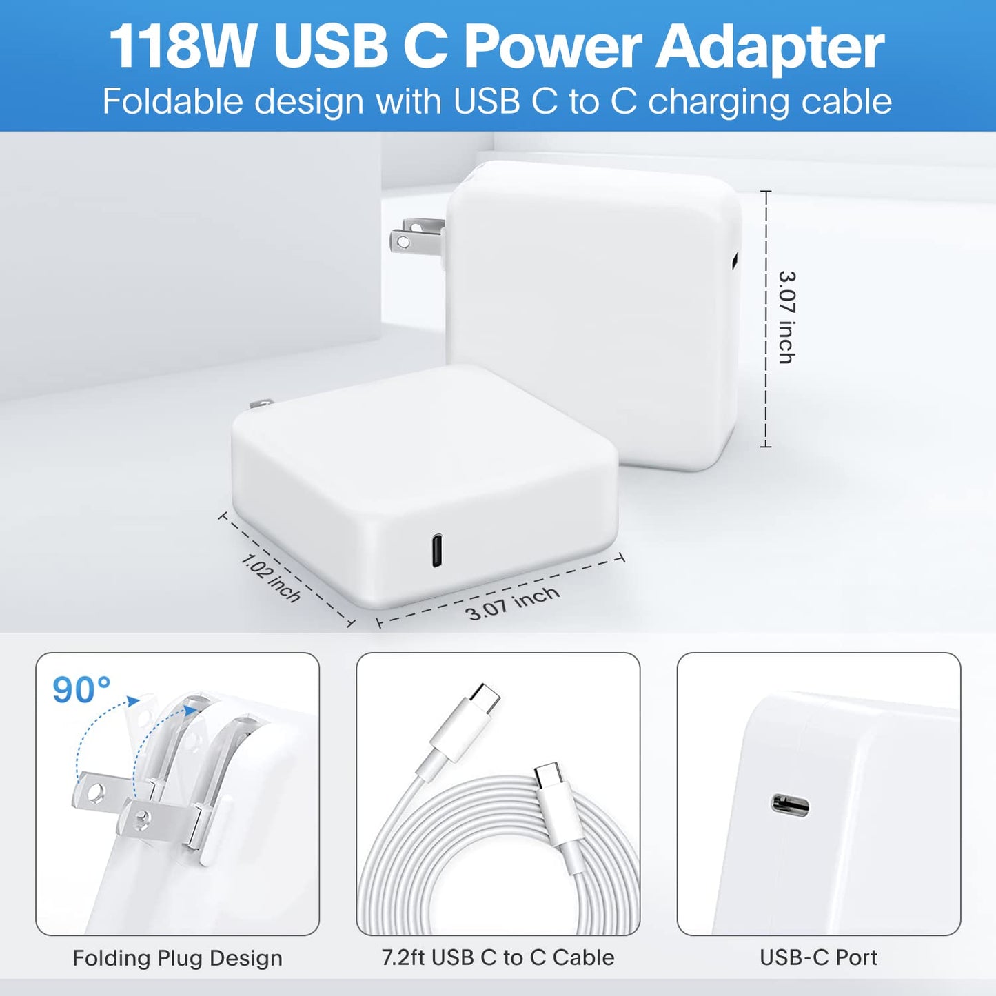 Mac Book Pro Charger - 118W USB C Charger Fast Charger for USB C Port MacBook pro/Air, ipad Pro, Samsung Galaxy and All USB C Device, Include Charge Cable（7.2ft/2.2m）
