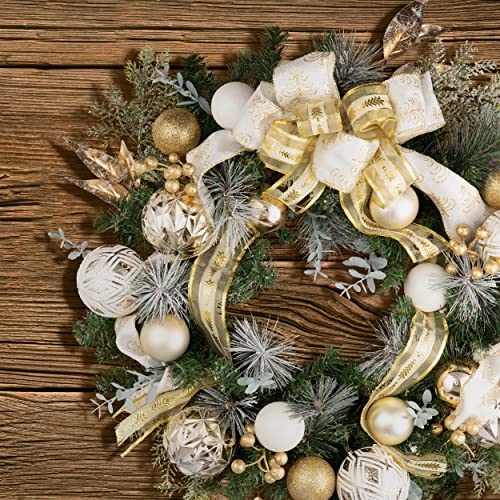 Valery Madelyn Pre-Lit Christmas Wreath for Front Door with Lights, 24 Inch Large Lighted Christmas Wreath with White Gold Xmas Ball for Fireplace Window Outdoor Table Centerpiece Holiday Decoration