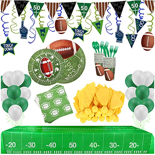 Football Party Supplies and Decorations Set-Serves 24 Include Tablecloth,Plates, Flatware, Cups and Penalty Flag Paper Napkins,Hanging Swirl,Banner,Balloons for Super Bowl Party