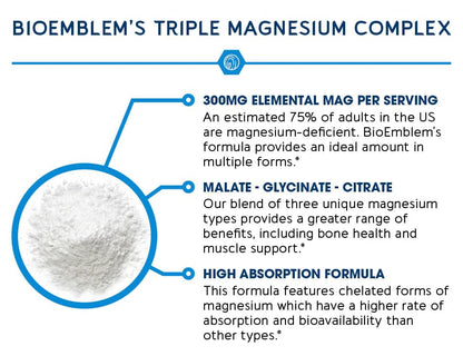 BioEmblem Triple Magnesium Complex | 300mg of Magnesium Glycinate, Malate, & Citrate for Muscles, Nerves, & Energy | High Absorption | Vegan, Non-GMO | 90 Capsules