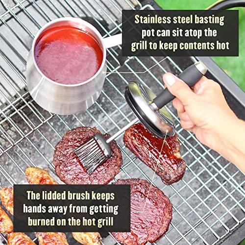 BBQ Basting Pot with 3 Basting Brushes Set,Airtight Stainless Steel Barbecue Sauce Pot,Silicone BBQ Brushes for Sauce,BBQ Grilling Gifts for Men Dad,BBQ Gadgets Grill Accessories,32oz Large Capacity