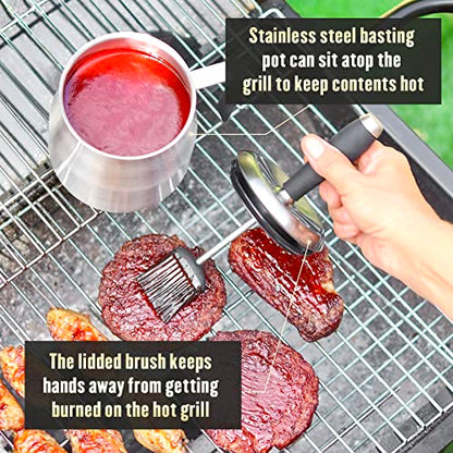 BBQ Basting Pot with 3 Basting Brushes Set,Airtight Stainless Steel Barbecue Sauce Pot,Silicone BBQ Brushes for Sauce,BBQ Grilling Gifts for Men Dad,BBQ Gadgets Grill Accessories,32oz Large Capacity