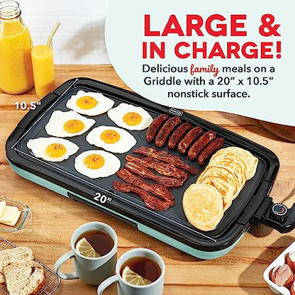 DASH Deluxe Everyday Electric Griddle with Dishwasher Safe Removable Nonstick Cooking Plate for Pancakes, Burgers, Eggs and more, Includes Drip Tray + Recipe Book, 20” x 10.5”, 1500-Watt - Aqua