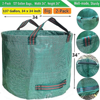 Professional 2-Pack 137 Gallon Lawn Garden Bags (D34, H34 inches) Yard Waste Bags with Coated Gloves, Large Leaf Bags 4 Handles,Yard Debris Bags,Gardening Clippings Bags,Leaf Container,Lawn Trash Bags