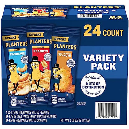 PLANTERS Variety Packs (Salted Cashews, Salted Peanuts & Honey Roasted Peanuts), 36 Packs - Individual Bags of On-the-Go Nut Snacks