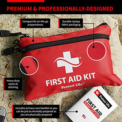 Protect Life First Aid Kit - 100 Piece Includes Tourniquet - Small First Aid Safety Kits for Camping, Hiking, Backpacking, Travel, Vehicle, Outdoors