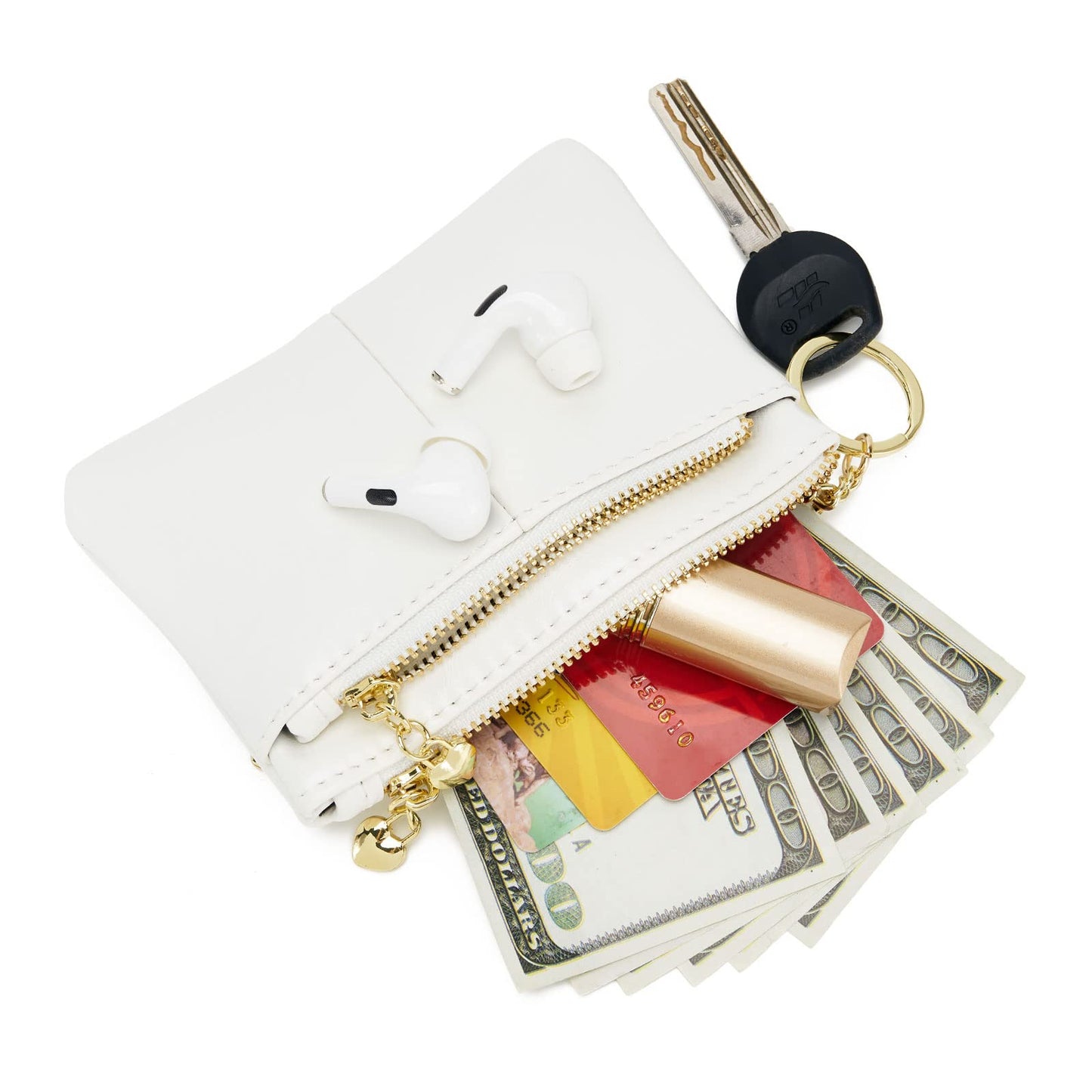 ZOOEASS Women PU Leather Zip Mini Coin Purse With Key Ring Triple Zipper Card Holder Wallet (White)