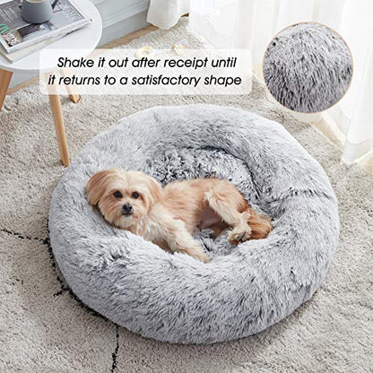 Calming Dog & Cat Bed, Anti-Anxiety Donut Cuddler Warming Cozy Soft Round Bed, Fluffy Faux Fur Plush Cushion bed for Small Medium Dogs and Cats (20"/24"/27"/30")