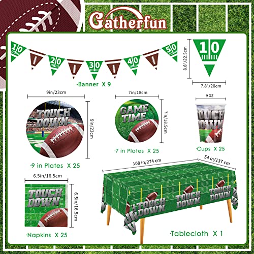 Football Party Supplies Kit Serve 25, Includes Disposable Dinner Plates, Dessert Plates, Napkins, Cups,and Football Tablecloth, Perfect for Football Birthday Party Tailgate Party Decorations