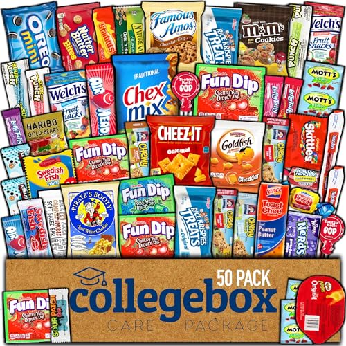 COLLEGEBOX Snack Box Variety Pack Care Package (50 Count) Halloween Treat Basket Stuffers Kids Teens Grandchildren Men Women Adults Candy Food Cookies Chips Arrangement Mix College Student Sampler Office Final Exams