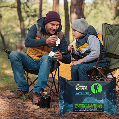 Combat Wipes ACTIVE Outdoor Wet Wipes - Extra Thick Camping Gear, Biodegradable, Body & Hand Cleansing/Refreshing Cloths for Backpacking & Gym w/Natural Aloe & Vitamin E (25 Wipes)