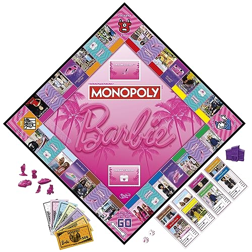 Monopoly: Barbie Edition Board Game, Ages 8+, 2-6 Players, Fun Family Games for Kids and Adults, with 6 Barbie-Themed Pink Zinc Tokens, Kids Gifts