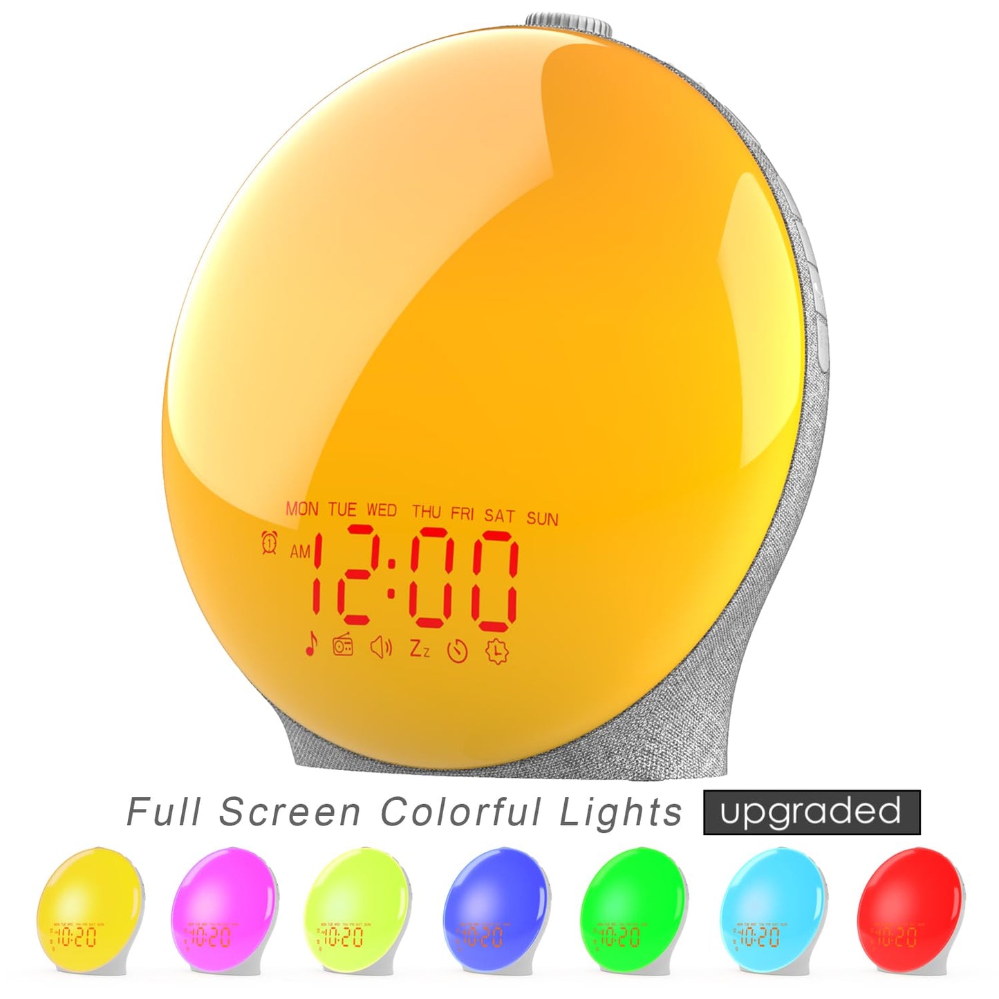 Wake Up Light Sunrise Alarm Clock for Kids, Heavy Sleeper, Bedroom, Full Screen with Sunrise Simulation, Fall Asleep, Dual Alarms, FM Radio, Colorful Lights, Built-in Natural Sounds, Fabric Light Gray