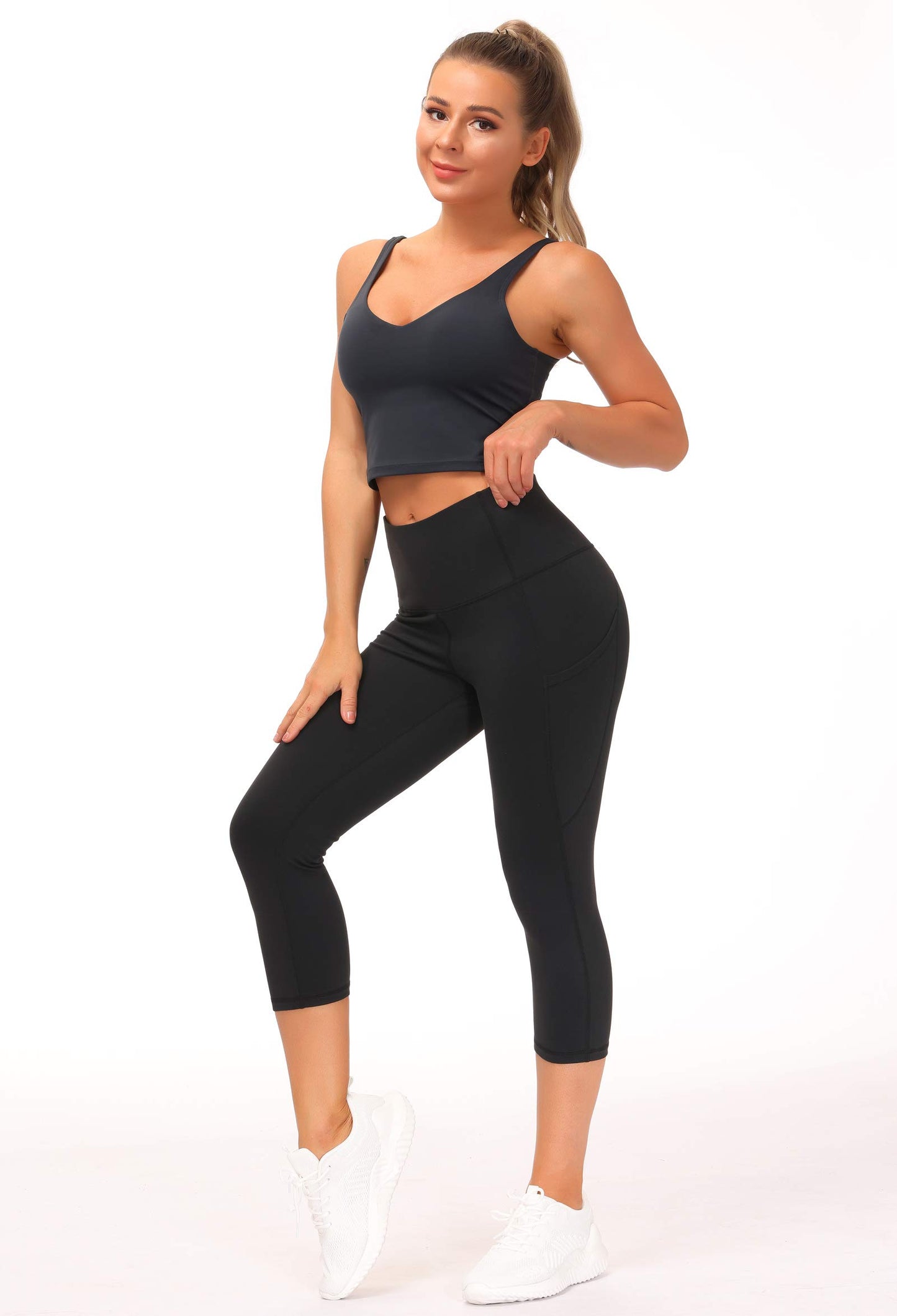 THE GYM PEOPLE Thick High Waist Yoga Capris with Pockets, Tummy Control Workout Running Yoga Leggings for Women (Medium, Z- Capris Black)