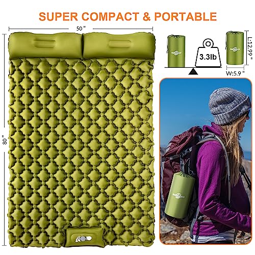 Gukkicco Camping Sleeping Pad, Ultralight Self Inflating Camping Pad 2 Person with Pillow Built-in Foot Pump for Camping, Hiking - Airpad, Carry Bag, Repair Kit