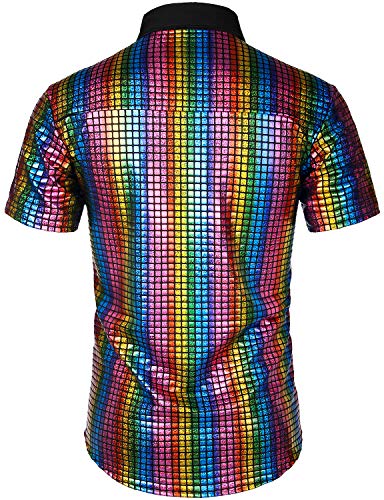 JOGAL Men's Sequins Short Sleeve Button Down Shirts 70s Disco Party Costume Large A353 Multicoloured