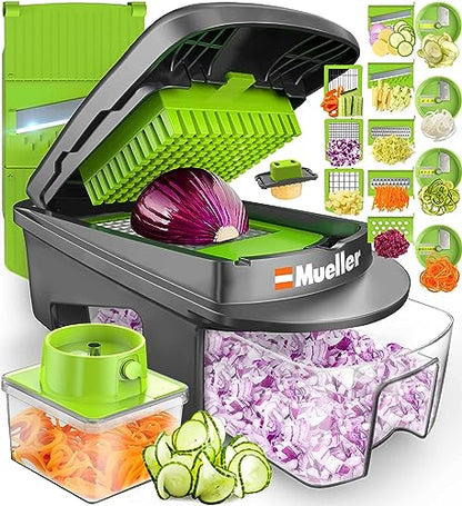 Mueller Pro-Series All-in-One, 12 Blade Mandoline Slicer, Vegetable Spiralizer, Cutter, Dicer, Food Chopper, Grater, Kitchen Gadgets Sets with Container