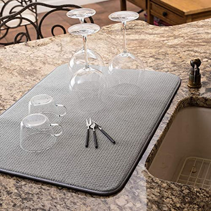 XXL Dish Mat 24" x 17" (LARGEST MAT) Microfiber Dish Drying Mat, Super absorbent by Bellemain (Gray)