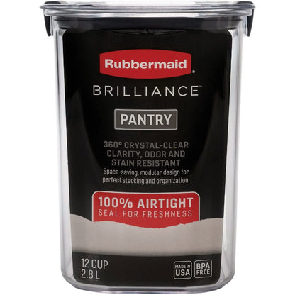 Rubbermaid Brilliance Airtight Food Storage Container for Pantry with Lid for Flour, Sugar, and Rice, 12-Cup, Clear/Grey