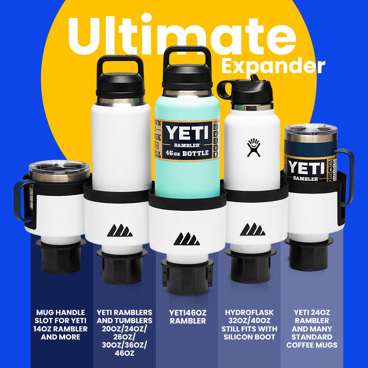 Integral Ultimate Expander Car Cup Holder - Adjustable Base - Expander & Organizer for Vehicles - Compatible with Coffee Mug, Yeti 14/24/36/46oz, Ramblers, Hydro Flasks 32/40oz, 3.4"-4.0" Bottles