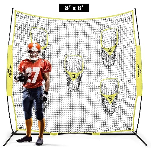 PodiuMax Portable Football Trainer Throwing Net, 8ft x 8ft Knotless Net for Improving QB Throwing Accuracy with 5 Target Pockets, with Carry Bag (Yellow)