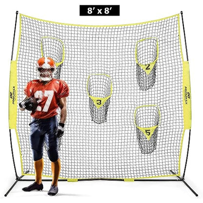 PodiuMax Portable Football Trainer Throwing Net, 8ft x 8ft Knotless Net for Improving QB Throwing Accuracy with 5 Target Pockets, with Carry Bag (Yellow)