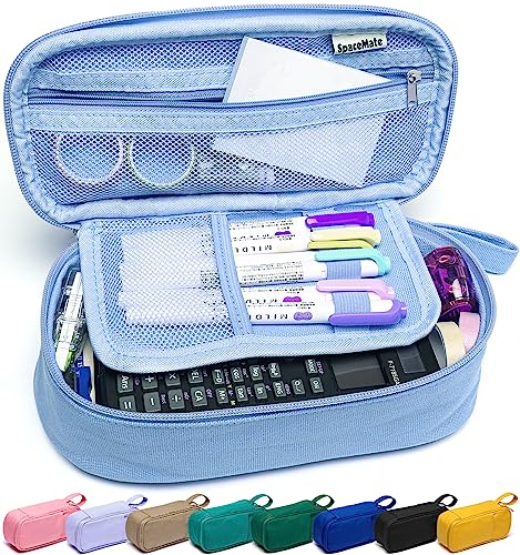 SPACEMATE Heavy Duty Canvas Pencil Case Pouch Bag - Holds 50-100 Pencils - Large Big Capacity Aesthetic Pen Case School Supplies for Back to School College Students (Light Blue)