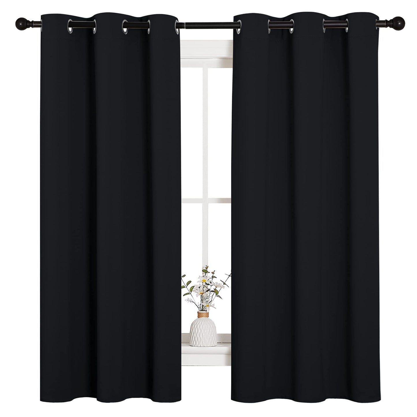 NICETOWN Halloween Pitch Black Solid Thermal Insulated Grommet Blackout Curtains/Drapes for Bedroom Window (2 Panels, 42 inches Wide by 63 inches Long, Black)