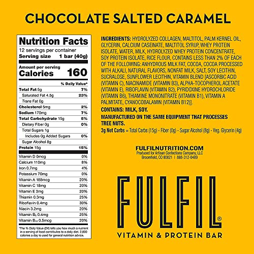 FULFIL Vitamin and Protein Bars, Chocolate Salted Caramel, Snack Sized Bar with 15g Protein and 8 Vitamins Including Vitamin C, 12 Counts