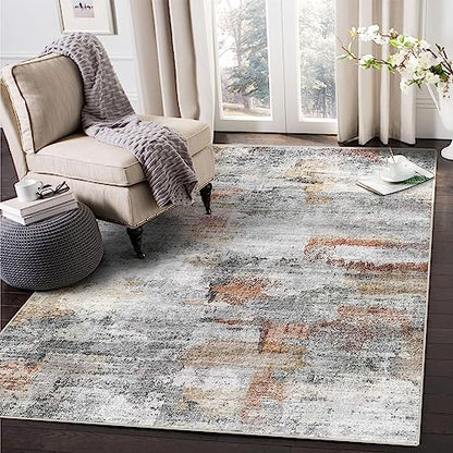 vivorug Ultra Soft Area Rug 5x7, Non Slip Washable Foldable, Stain Resistant Abstract Rugs for Living Room Bedroom, Modern Fuzzy Rug (Gray/Rust, 5'x7')