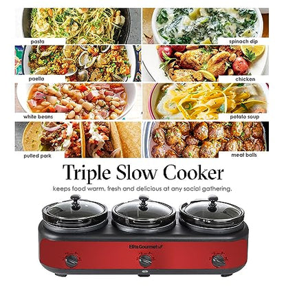 Elite Platinum EWMST-325R Maxi-Matic Triple Slow Cooker Buffet Server Adjustable Temp Dishwasher-Safe Oval Ceramic Pots, Lid Rests, 3 x 2.5 Qt Capacity, Red